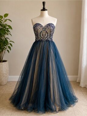 Teal Beaded Strapless Tulle Prom Gown Formal Dress Fairycore